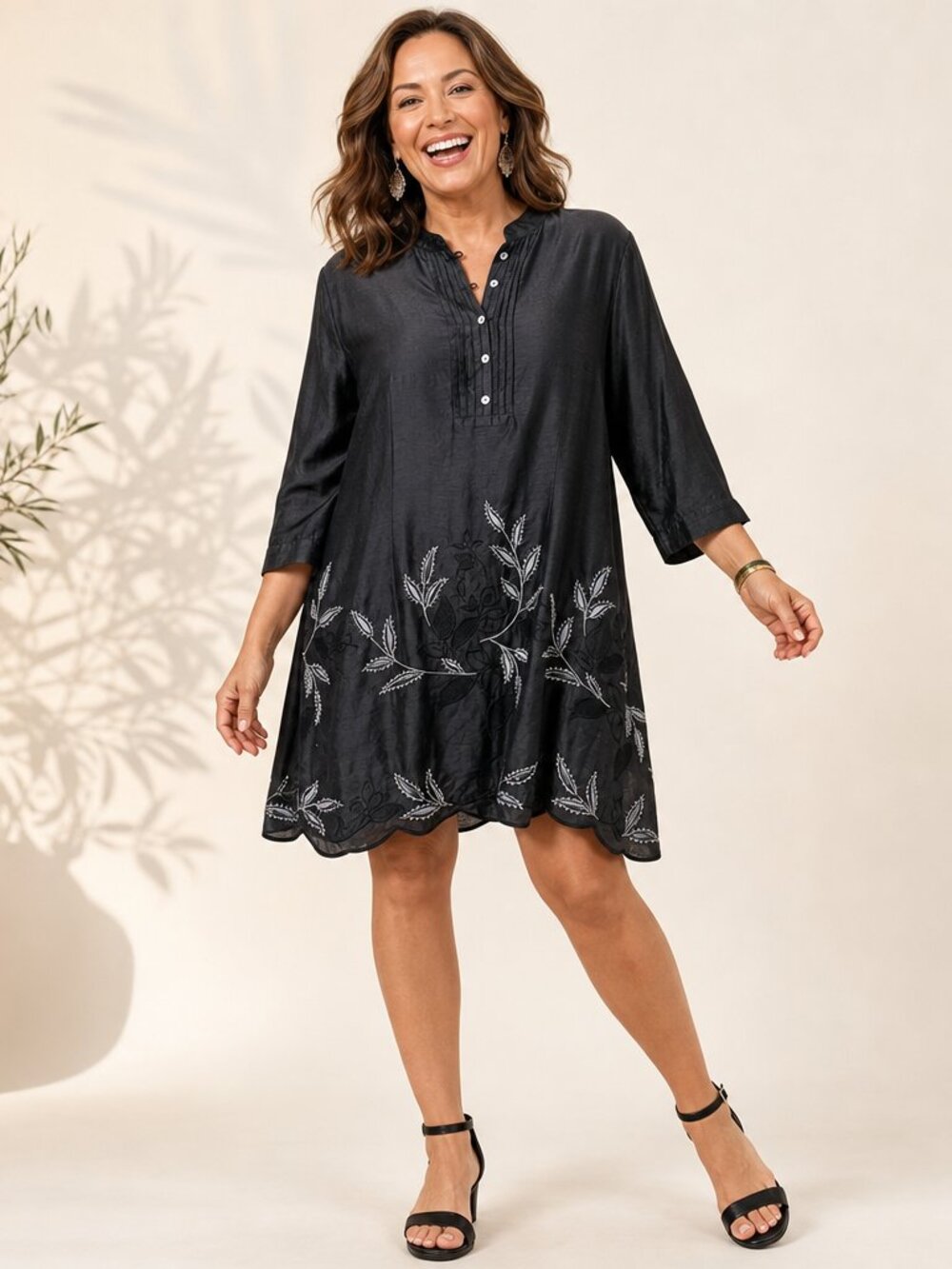 Coldwater Creek Silk Blend Black Metallic Embroidered Dress L Boho Luxe Flowy